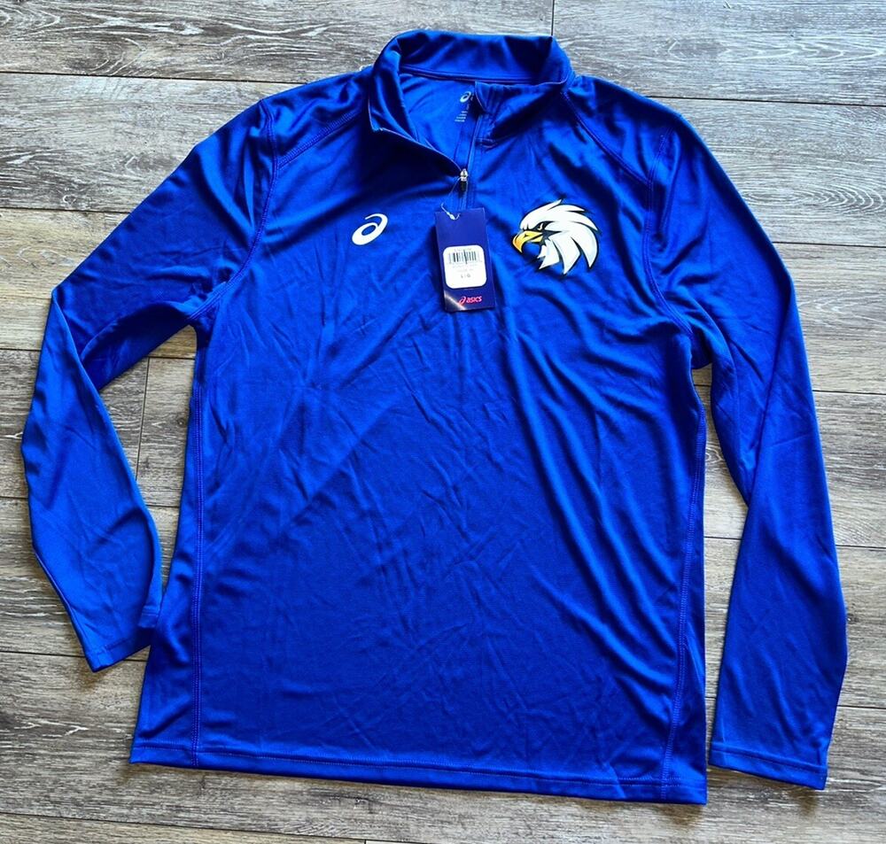 Asics Mens Pullover Large Blue White Shirt Quarter Zip Mock Neck Sports Eagle